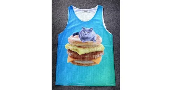 Blue Cat on Egg Muffin Cheeseburger Net Sleeveless Mens T-shirt Vest Sports Tank Top