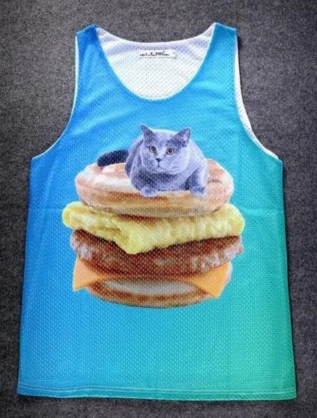 Blue Cat on Egg Muffin Cheeseburger Net Sleeveless Mens T-shirt Vest Sports Tank Top