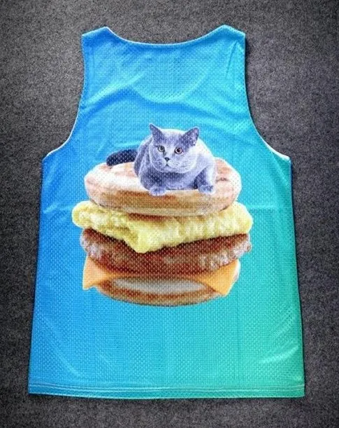 Blue Cat on Egg Muffin Cheeseburger Net Sleeveless Mens T-shirt Vest Sports Tank Top