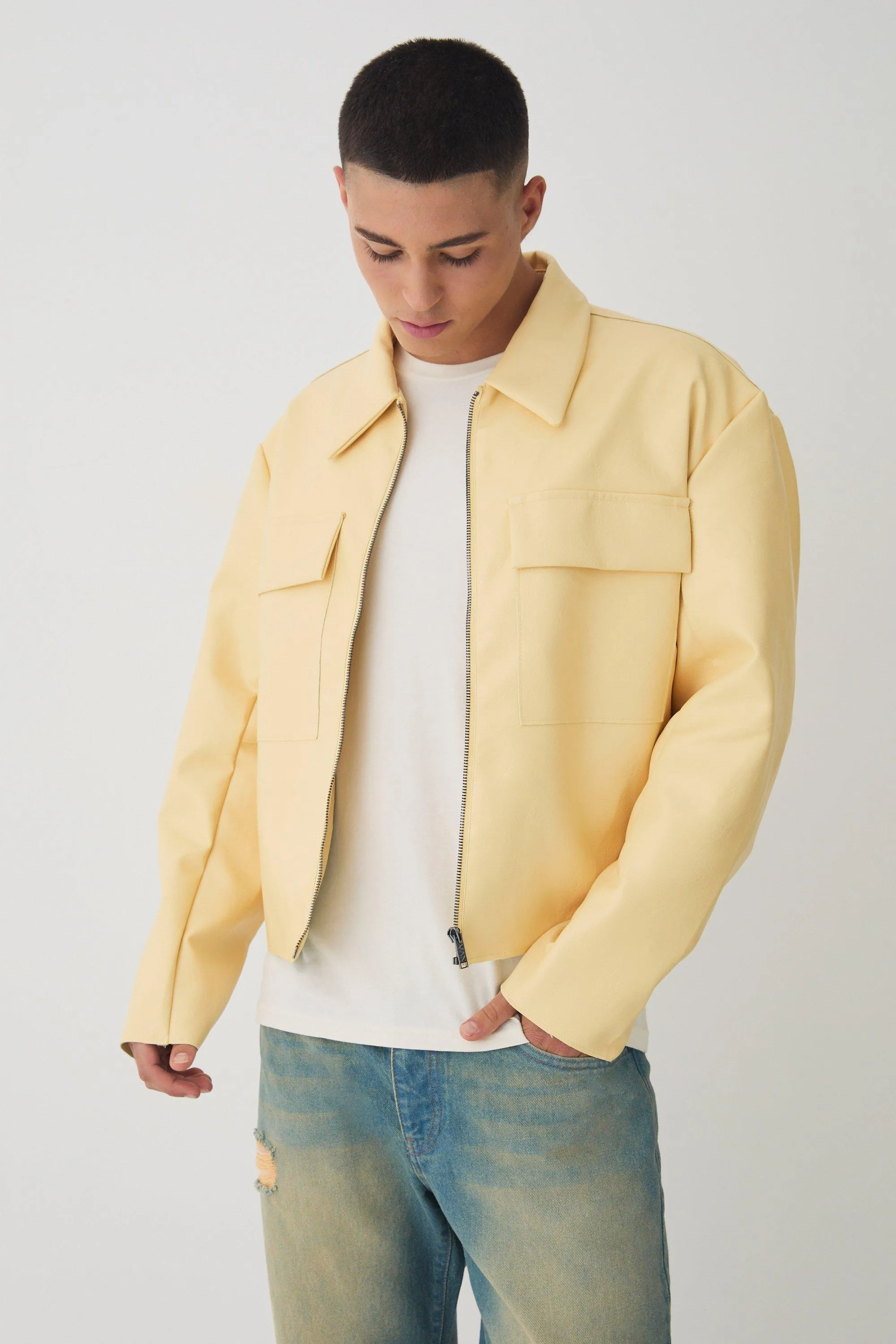 Boxy Collared PU Harrington Jacket With Raw Edge In Yellow