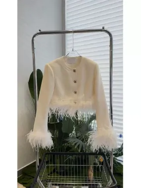 Buyer store 2023 autumn and winter new style feather splicing knitted sweater women's unique and chic slimming cardigan jacket T