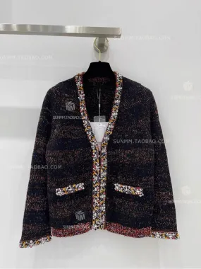 Buyer store 23 autumn high-end niche heavy industry wool hand-beaded V-neck knitted sweater cardigan with small fragrance style