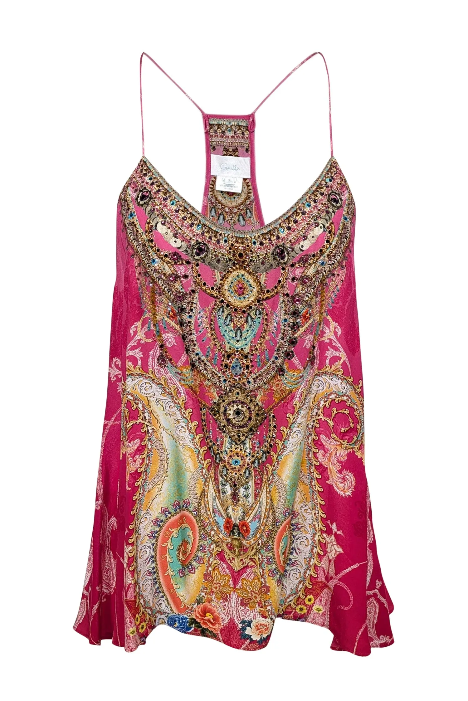 Camilla - Pink & Multicolor Print Rhinestone Embellished Sleeveless Top Sz S