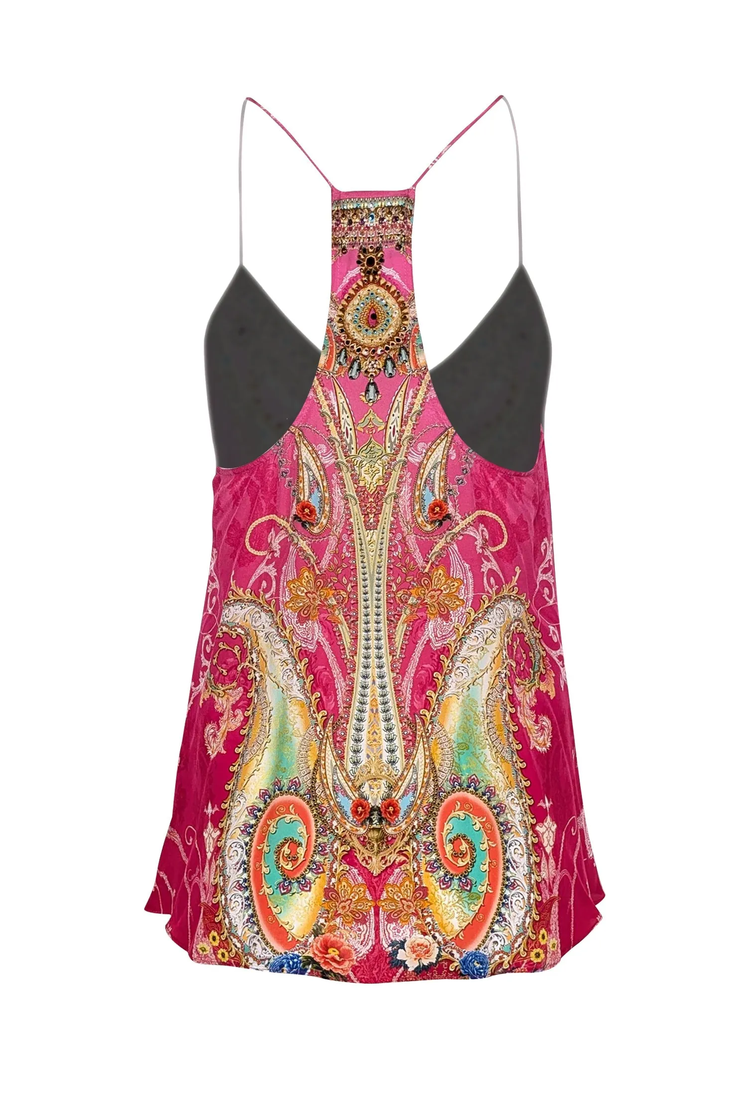 Camilla - Pink & Multicolor Print Rhinestone Embellished Sleeveless Top Sz S