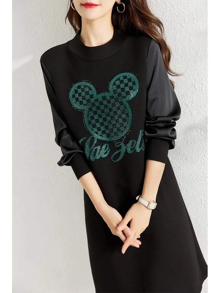 Cartoon Mickey Space Cotton Dress Women's Autumn 2024 New Loose Fat mm Covering Flesh and Slimming Casual Sweater Dress