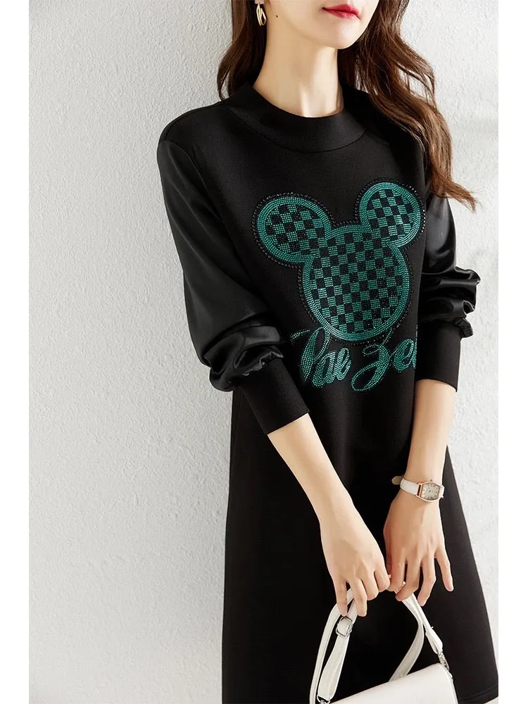 Cartoon Mickey Space Cotton Dress Women's Autumn 2024 New Loose Fat mm Covering Flesh and Slimming Casual Sweater Dress