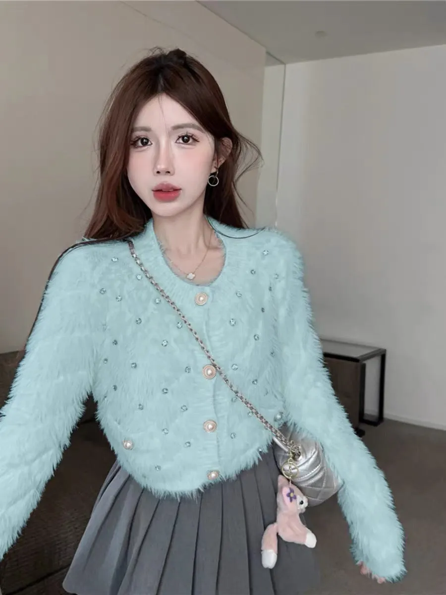 Chic beaded long-sleeved white sweater for women autumn pure desire plush knitted sweater single-breasted small cardigan short t