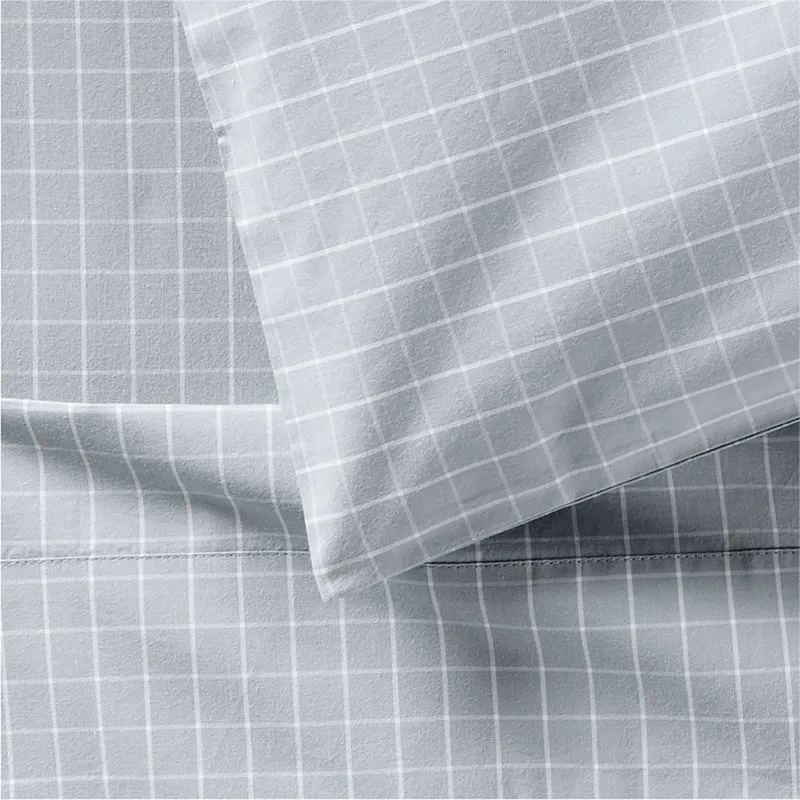 Crate&Barrel Stax Mini Grid Mist Blue Yarn-Dyed Organic Cotton Toddler Sheet Set