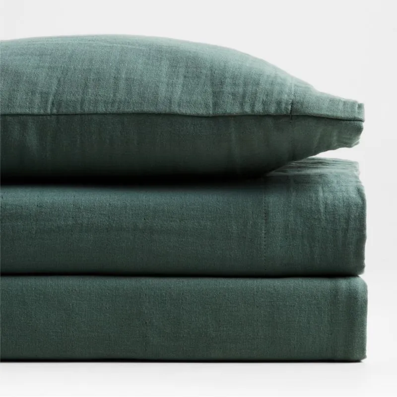 Crate&Barrel Supersoft Pine Green Organic Cotton Gauze Toddler Sheet Set