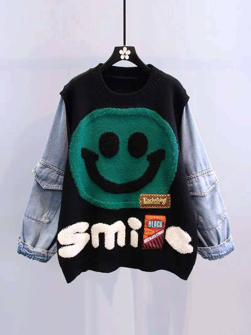 Denim stitching cartoon smiley face sweater for women winter 2022 new Japanese style lazy style loose outer knitted top