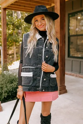 Denver Dreams Pearl Embellished Denim Vest in Black