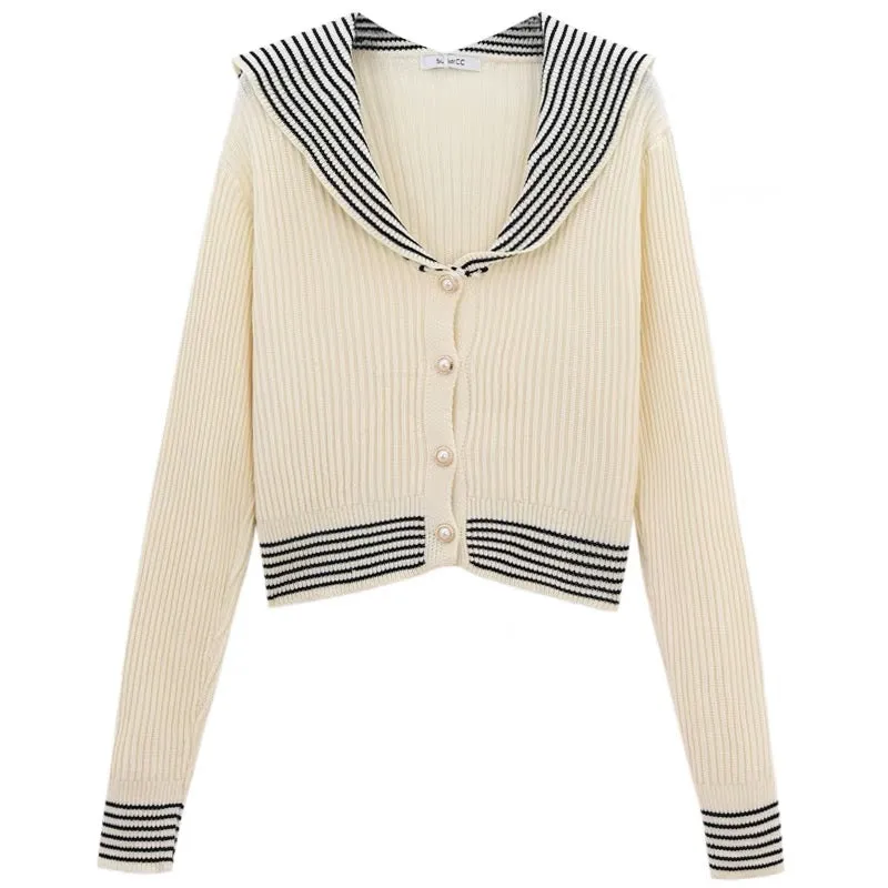 Design niche knitted cardigan jacket for women autumn and winter 2023 new striped navy collar short long-sleeved top trendy A223