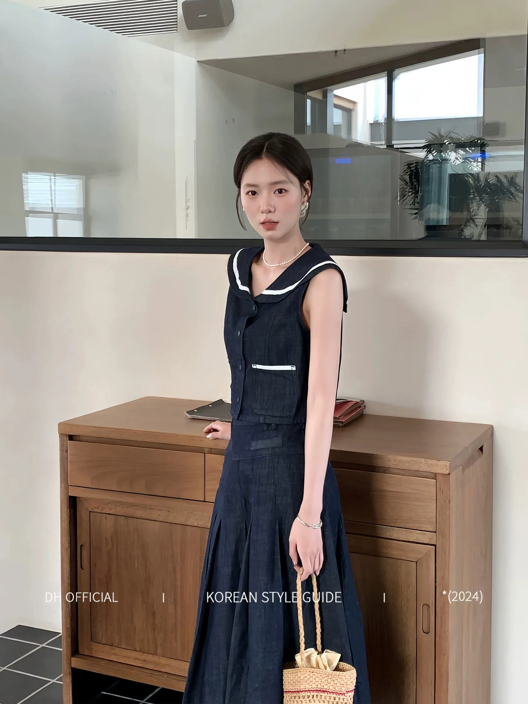 DH OFFICIAL Large Flower [Island Diary] Denim Suit Women's Sleeveless Doll Collar Top Pleated Skirt