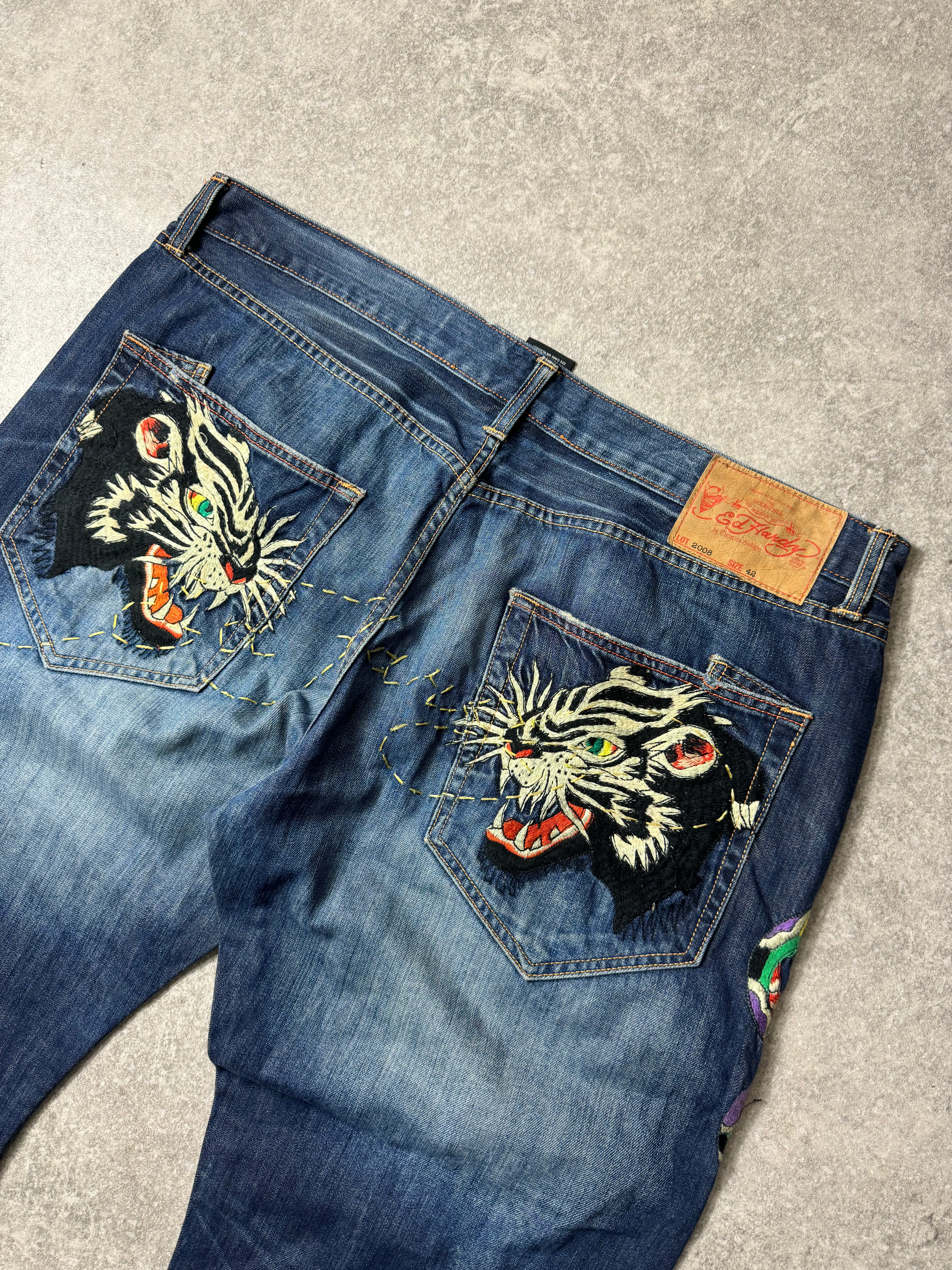 Ed Hardy Tiger Heads Embroidered Baggy Jeans