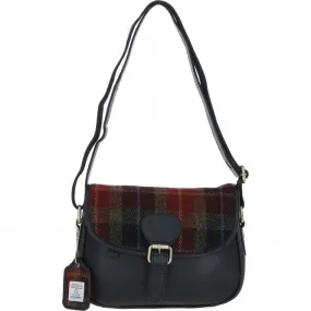 Elegant Ashwood Leather & Harris Tweed Crossbody Bag Black/Green/Red: TW-27-07-BR