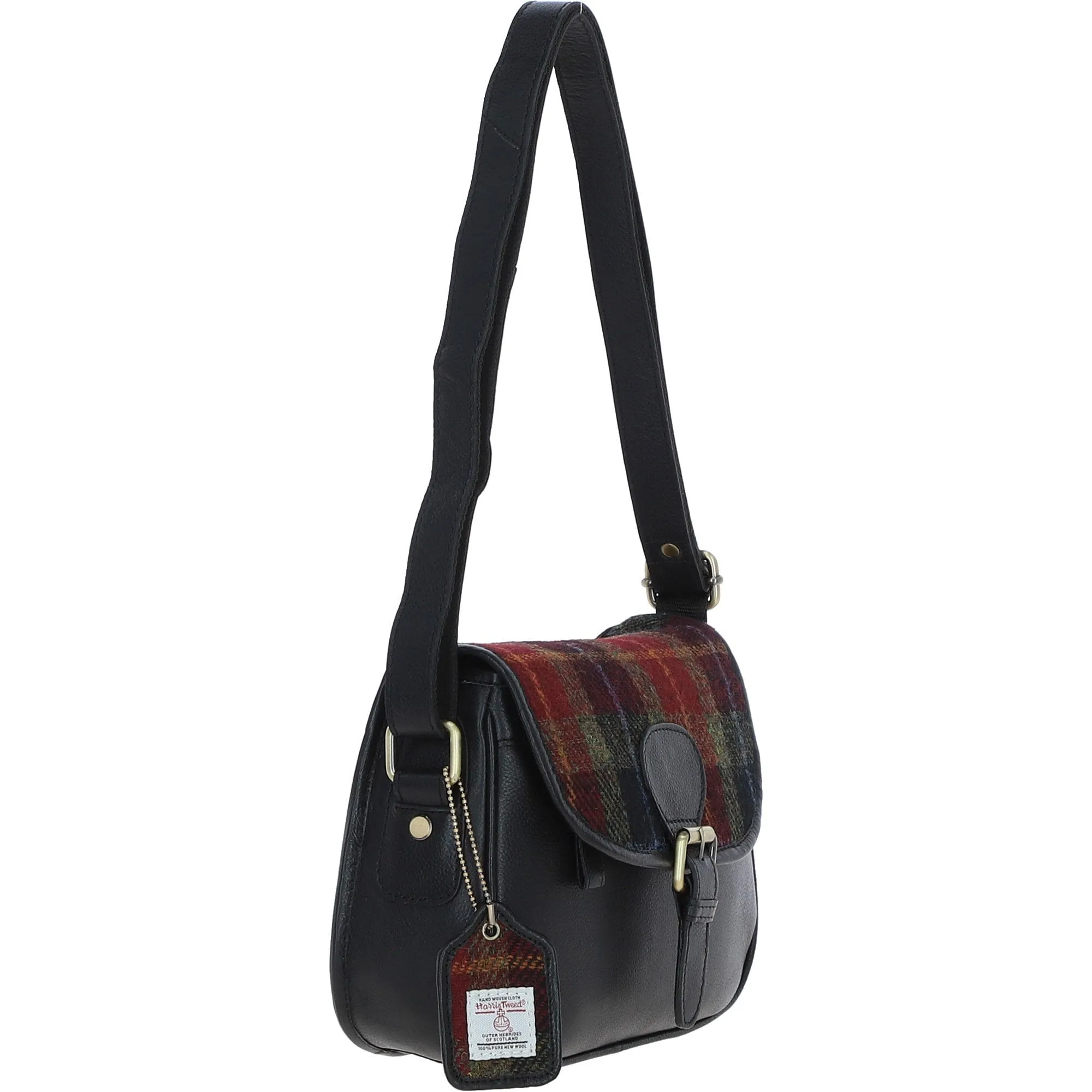 Elegant Ashwood Leather & Harris Tweed Crossbody Bag Black/Green/Red: TW-27-07-BR