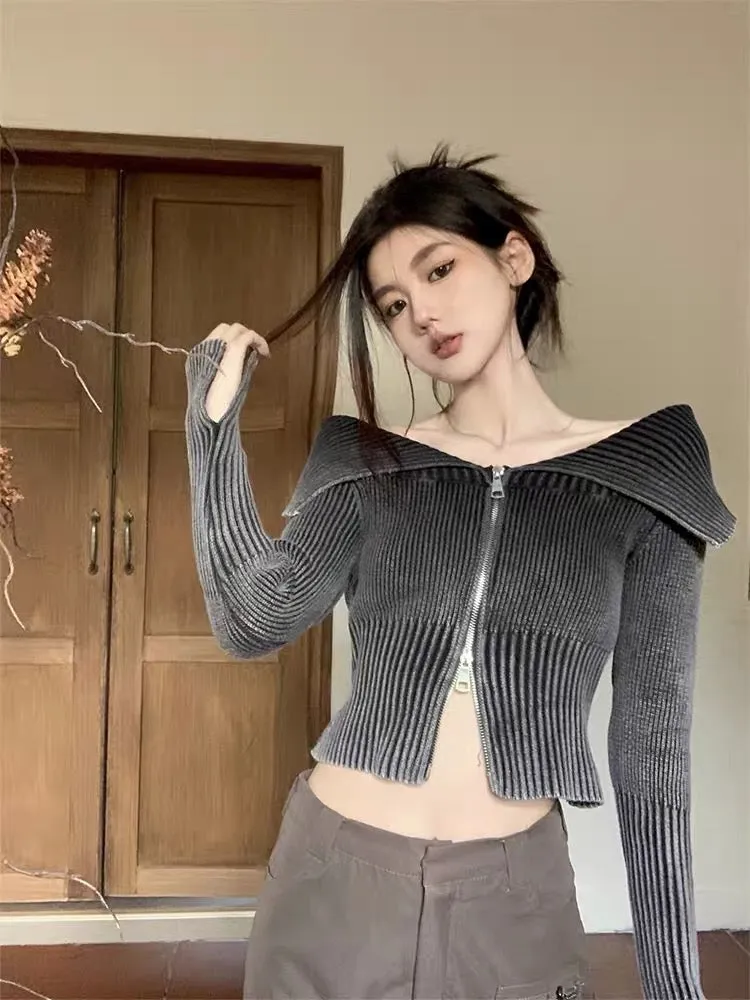 Fashionable atmosphere gradient one-shoulder lapel sweater for women autumn slim chic niche sweet and spicy short cardigan