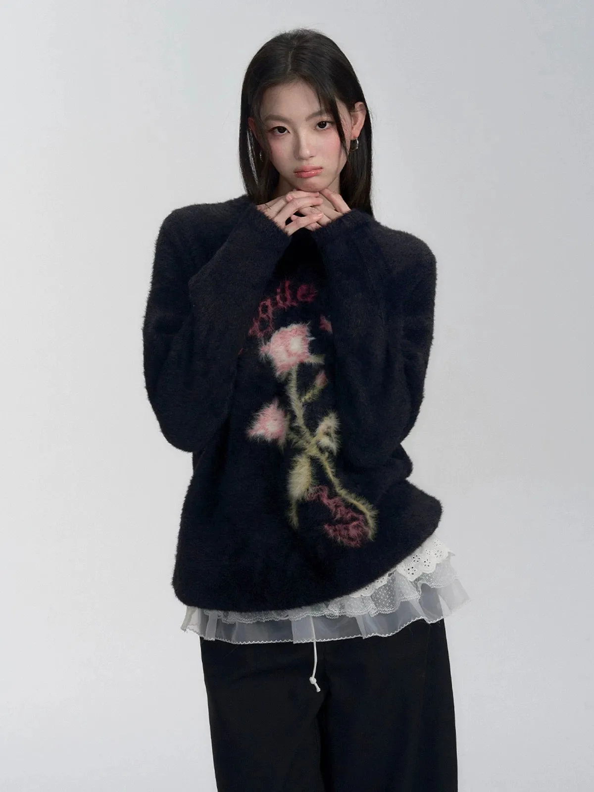 Fragileheart fragile store·The last romantic mink fur rose soft and waxy lazy style sweater