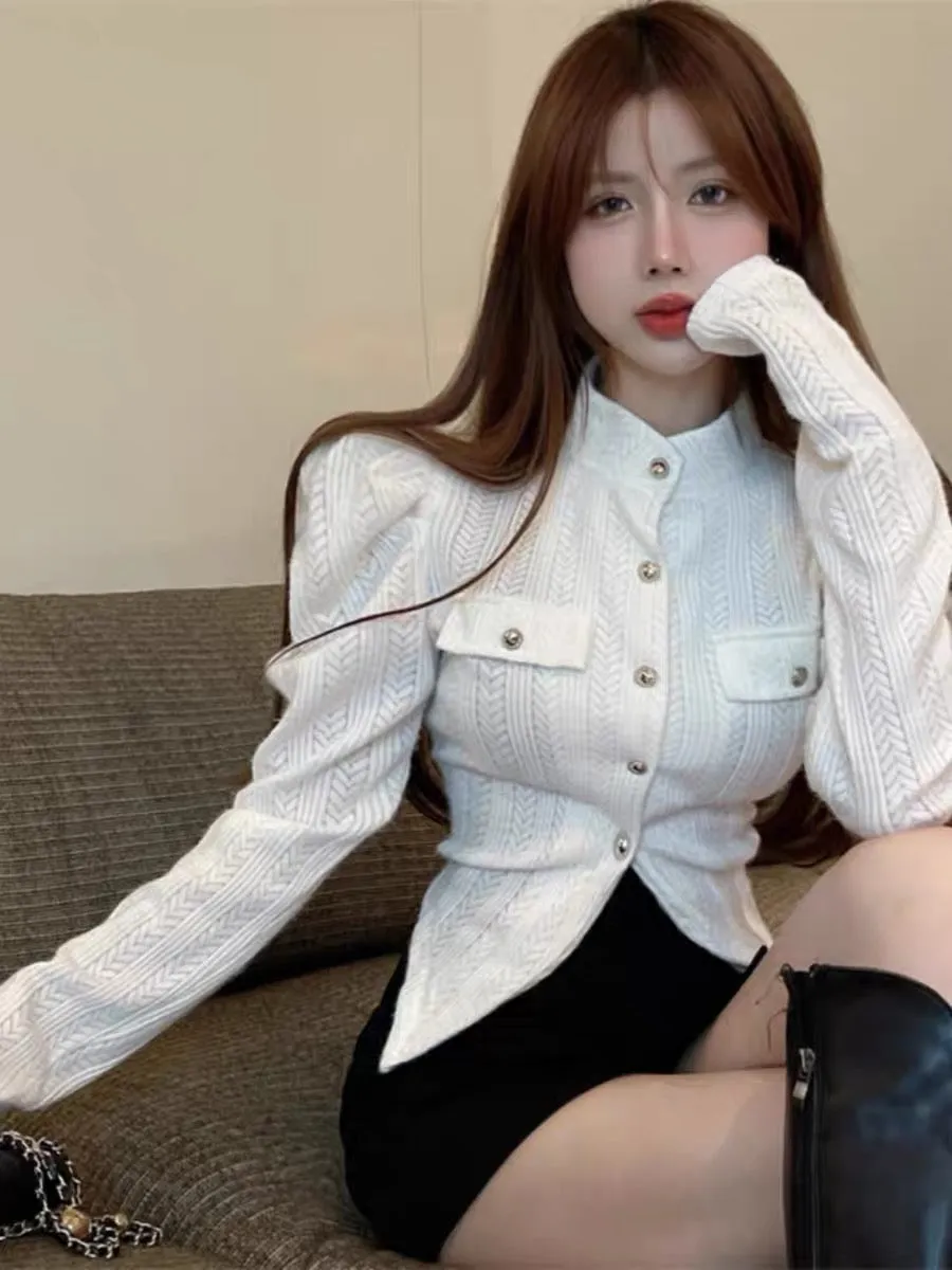 French half turtleneck knitted cardigan jacket for women spring high-end puff sleeves irregular short slimming bottoming shirt