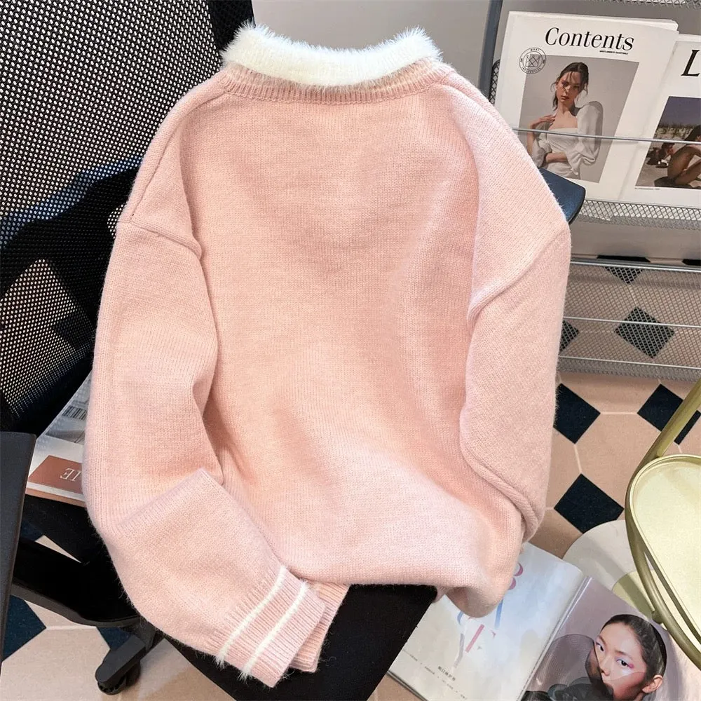 French style gentle lapel stitching bow sweater women's autumn and winter fashionable fake two-piece sweater top