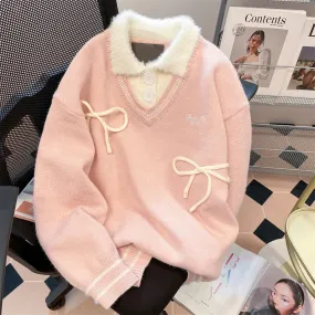 French style gentle lapel stitching bow sweater women's autumn and winter fashionable fake two-piece sweater top