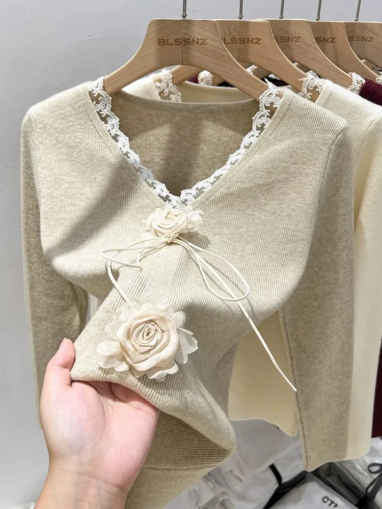 French v-neck lace sweater for women in autumn and winter design niche stitching flower top bottoming shirt for women