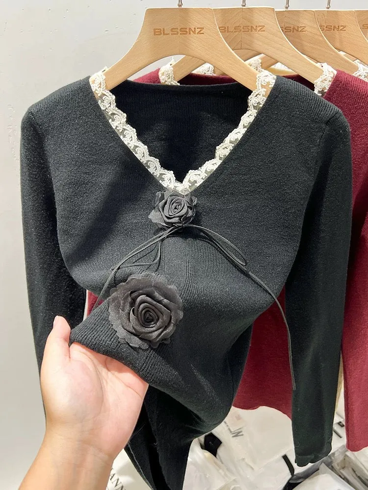 French v-neck lace sweater for women in autumn and winter design niche stitching flower top bottoming shirt for women