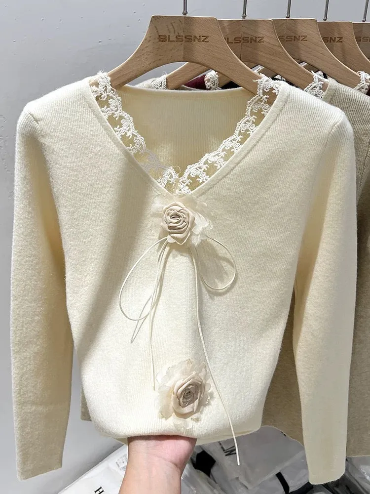 French v-neck lace sweater for women in autumn and winter design niche stitching flower top bottoming shirt for women