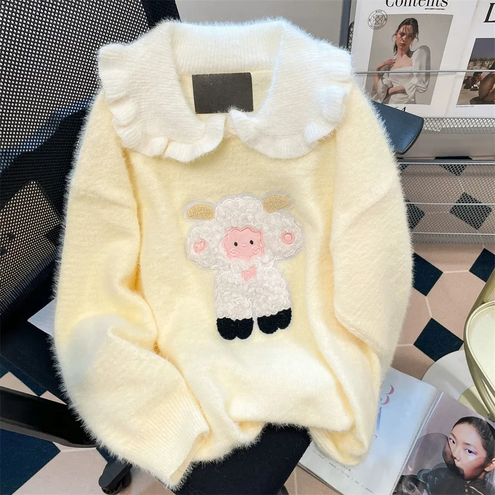 Fufu yellow cute doll collar soft waxy sweater for women autumn and winter gentle thickened imitation mink wool sweater top