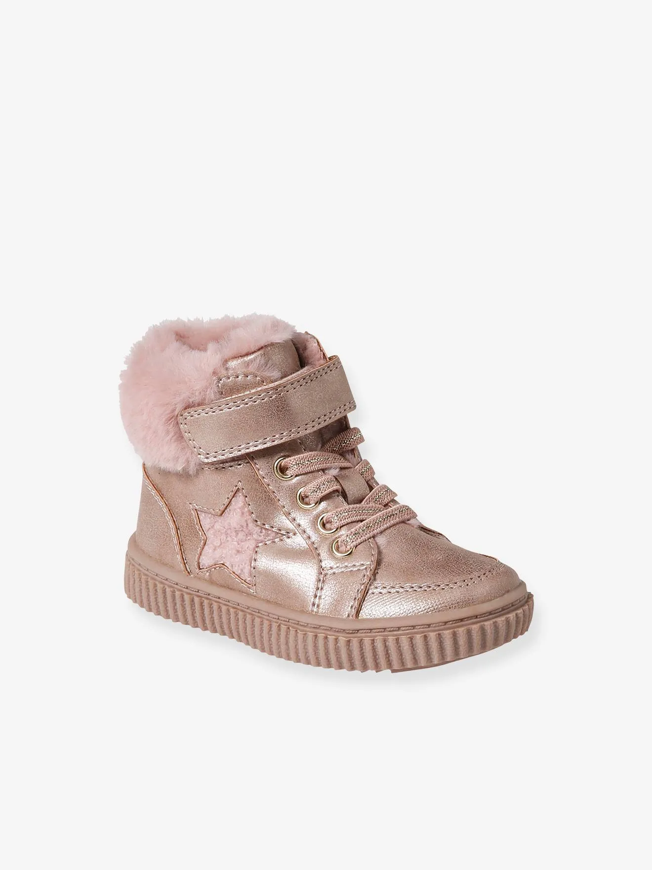 Fur-Lined Trainers with Laces, Hook & Loop Strap & Zip, for Babies - nude pink