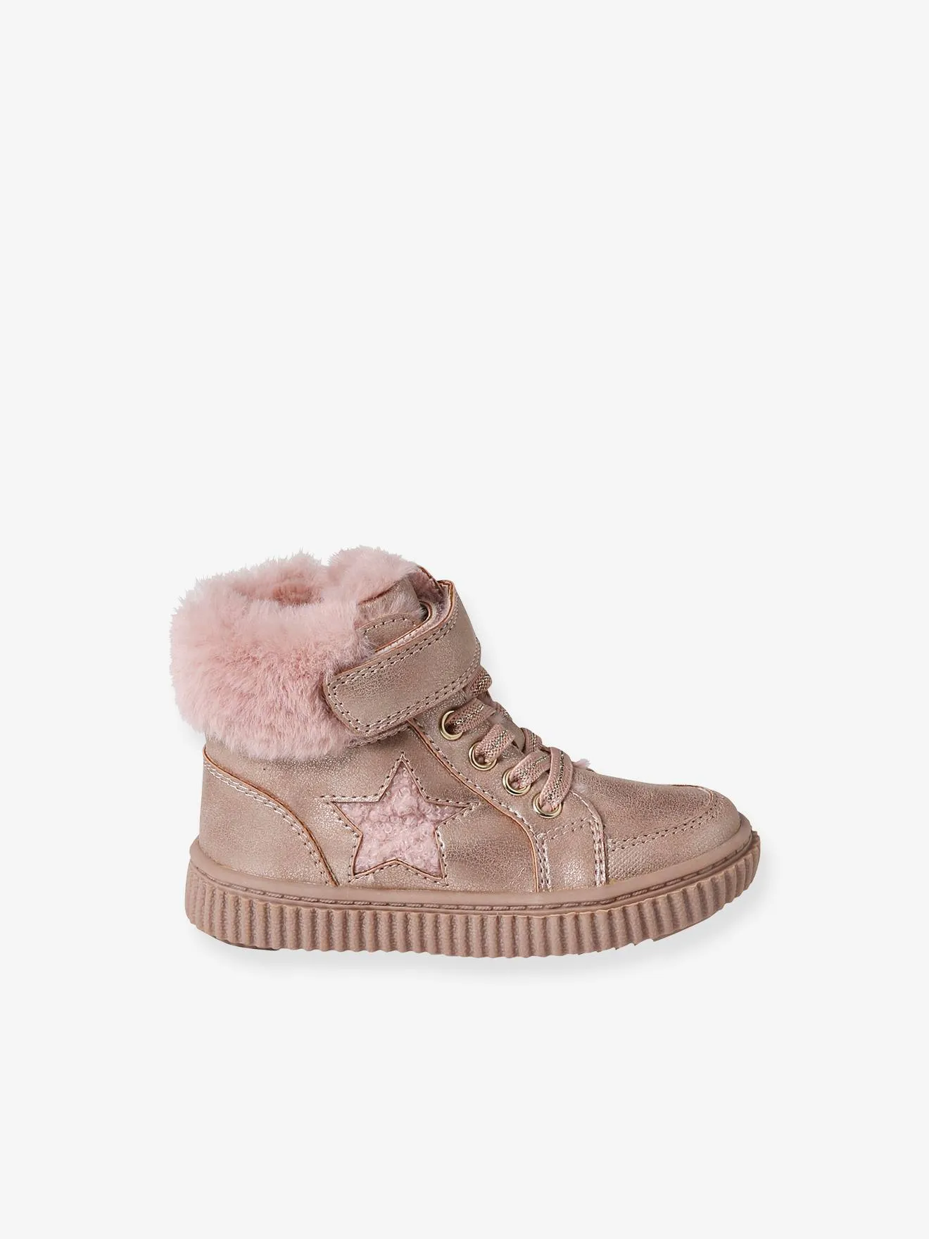 Fur-Lined Trainers with Laces, Hook & Loop Strap & Zip, for Babies - nude pink