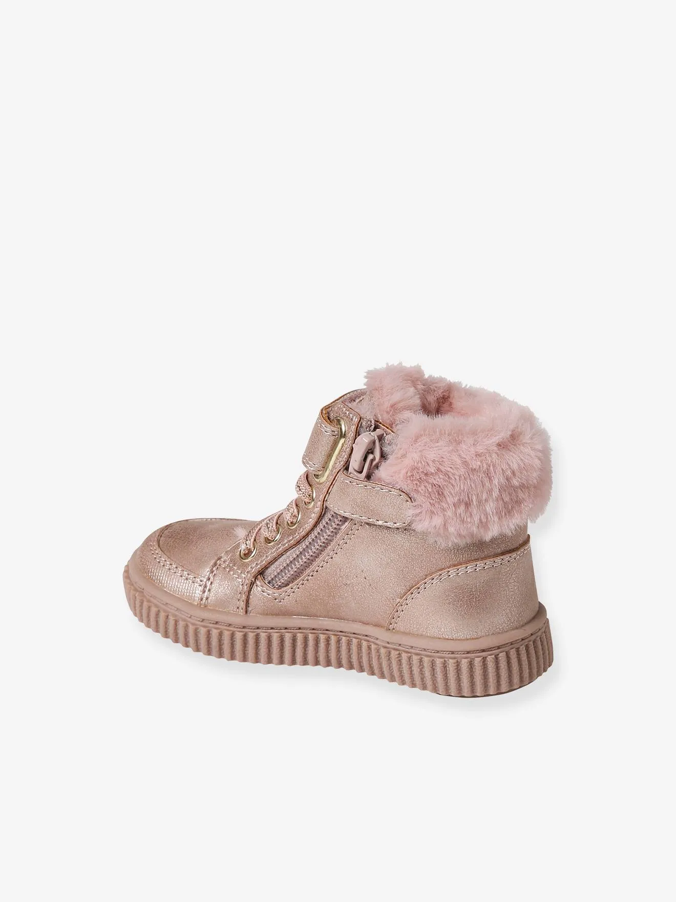 Fur-Lined Trainers with Laces, Hook & Loop Strap & Zip, for Babies - nude pink