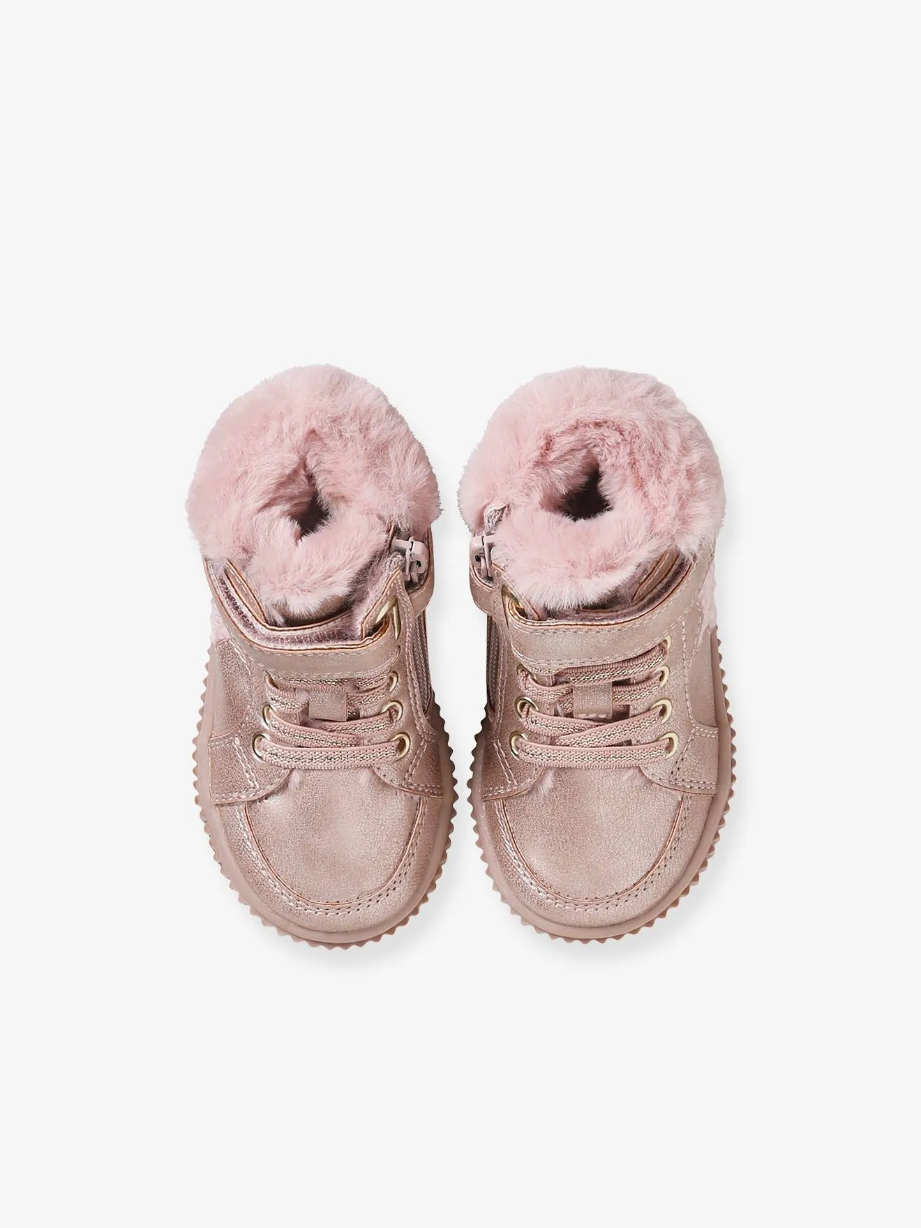 Fur-Lined Trainers with Laces, Hook & Loop Strap & Zip, for Babies - nude pink