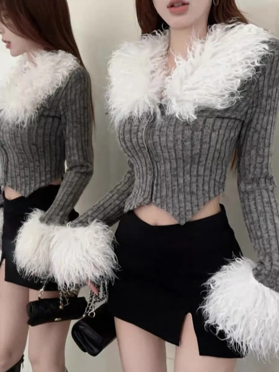 Furry collar knitted cardigan jacket for women in autumn hot girl short top design niche unique chic bottoming shirt