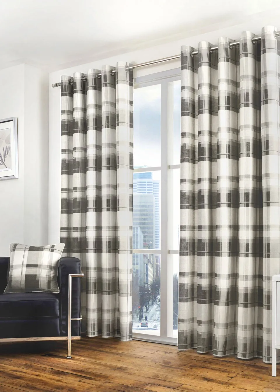 Fusion Balmoral Check Grey Eyelet Curtains