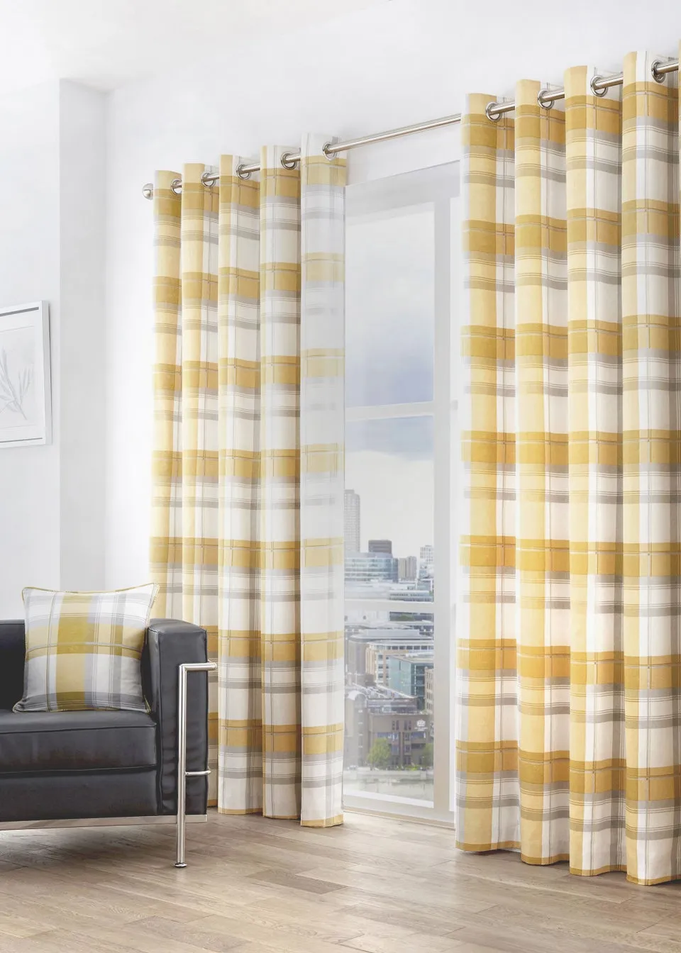 Fusion Balmoral Check Yellow Eyelet Curtains