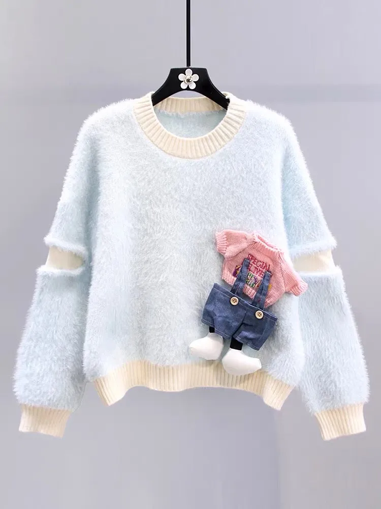 Gentle style cartoon sweater for women autumn and winter 2023 new loose lazy style versatile and western style age-reducing knit