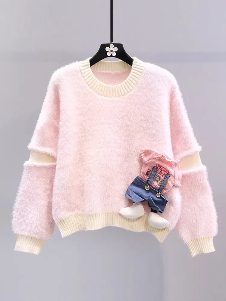 Gentle style cartoon sweater for women autumn and winter 2023 new loose lazy style versatile and western style age-reducing knit