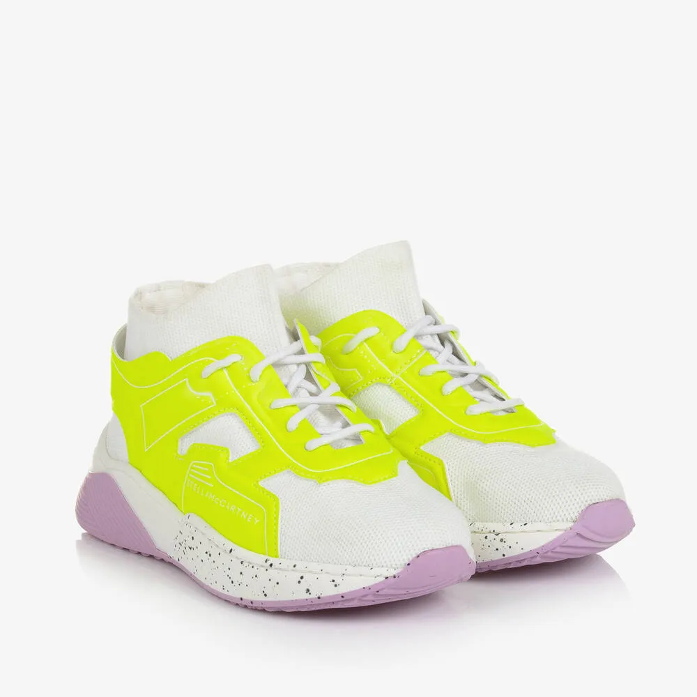 Girls White & Neon Yellow Lace-Up Sock Trainers