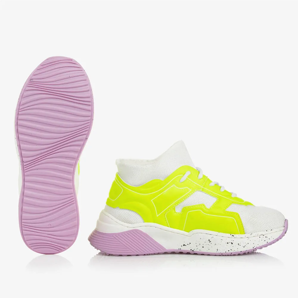 Girls White & Neon Yellow Lace-Up Sock Trainers