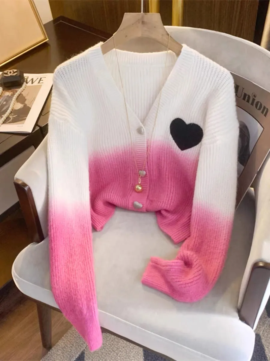 Gradient pink love V-neck knitted cardigan for women 2023 autumn and winter new style warm and soft waxy short outer sweater jac