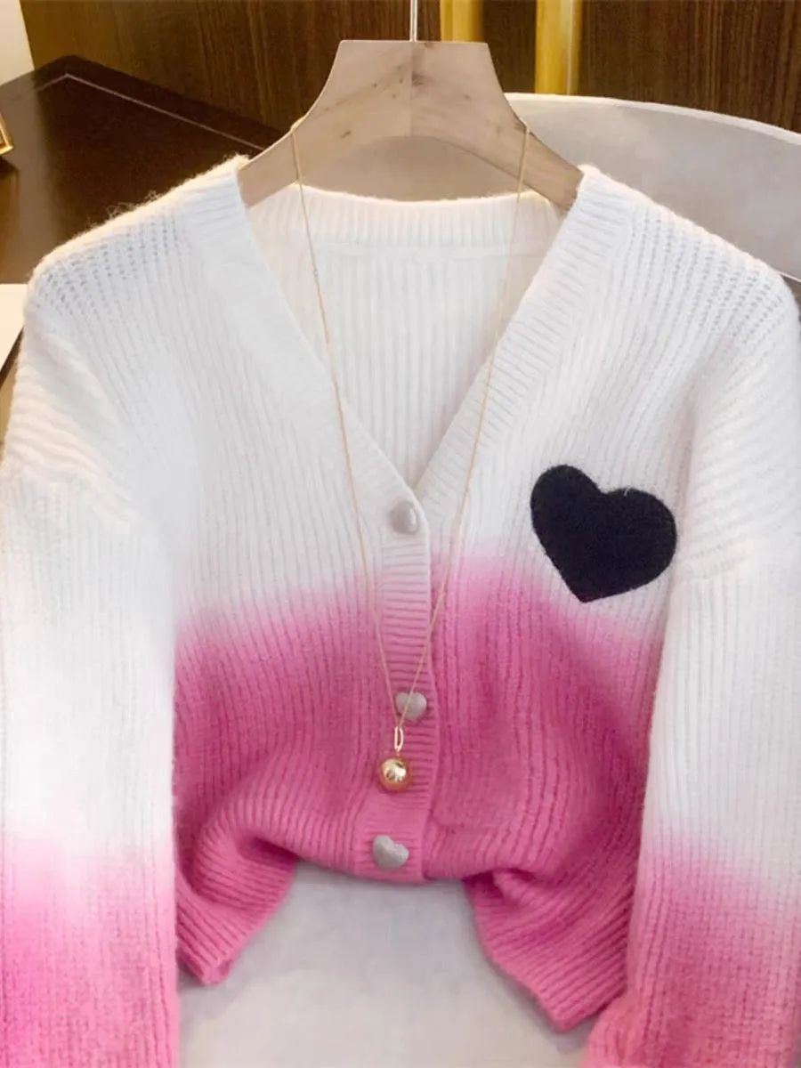 Gradient pink love V-neck knitted cardigan for women 2023 autumn and winter new style warm and soft waxy short outer sweater jac