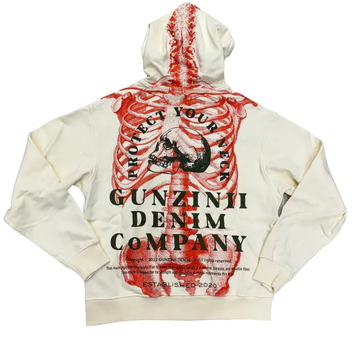 Gunzinii Protect Your Neck Skeletal Zip Up Hoodie Cream