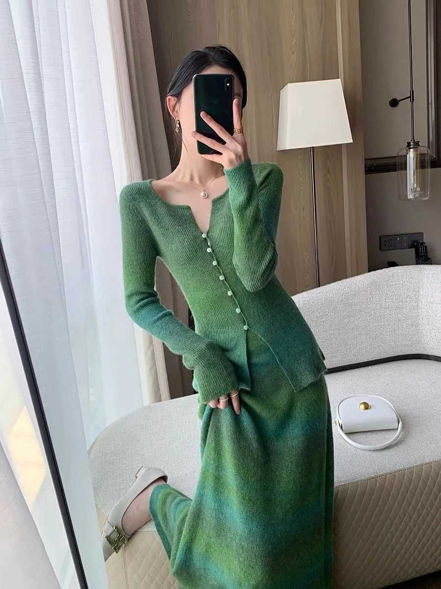 Guo Ge's green knitted cardigan for women 2023 new autumn fashion slimming mohair outer top