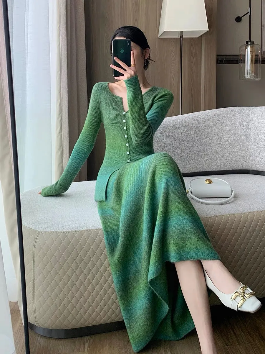 Guo Ge's green knitted cardigan for women 2023 new autumn fashion slimming mohair outer top