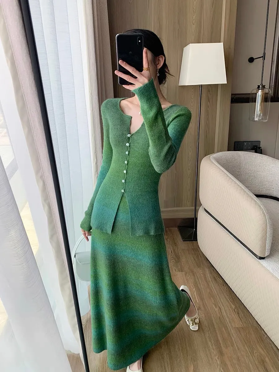 Guo Ge's green knitted cardigan for women 2023 new autumn fashion slimming mohair outer top