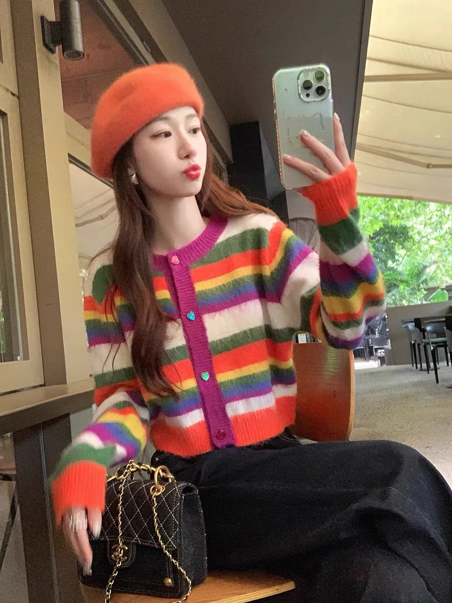 Guoguojia striped knitted cardigan jacket for women autumn 2023 new round neck sweater short wool sweater (B3312)