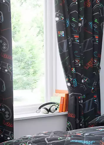 Happy Linen Co. Gaming Glow in the Dark Pair of Pencil Pleat Blackout Curtains | Kaleidoscope