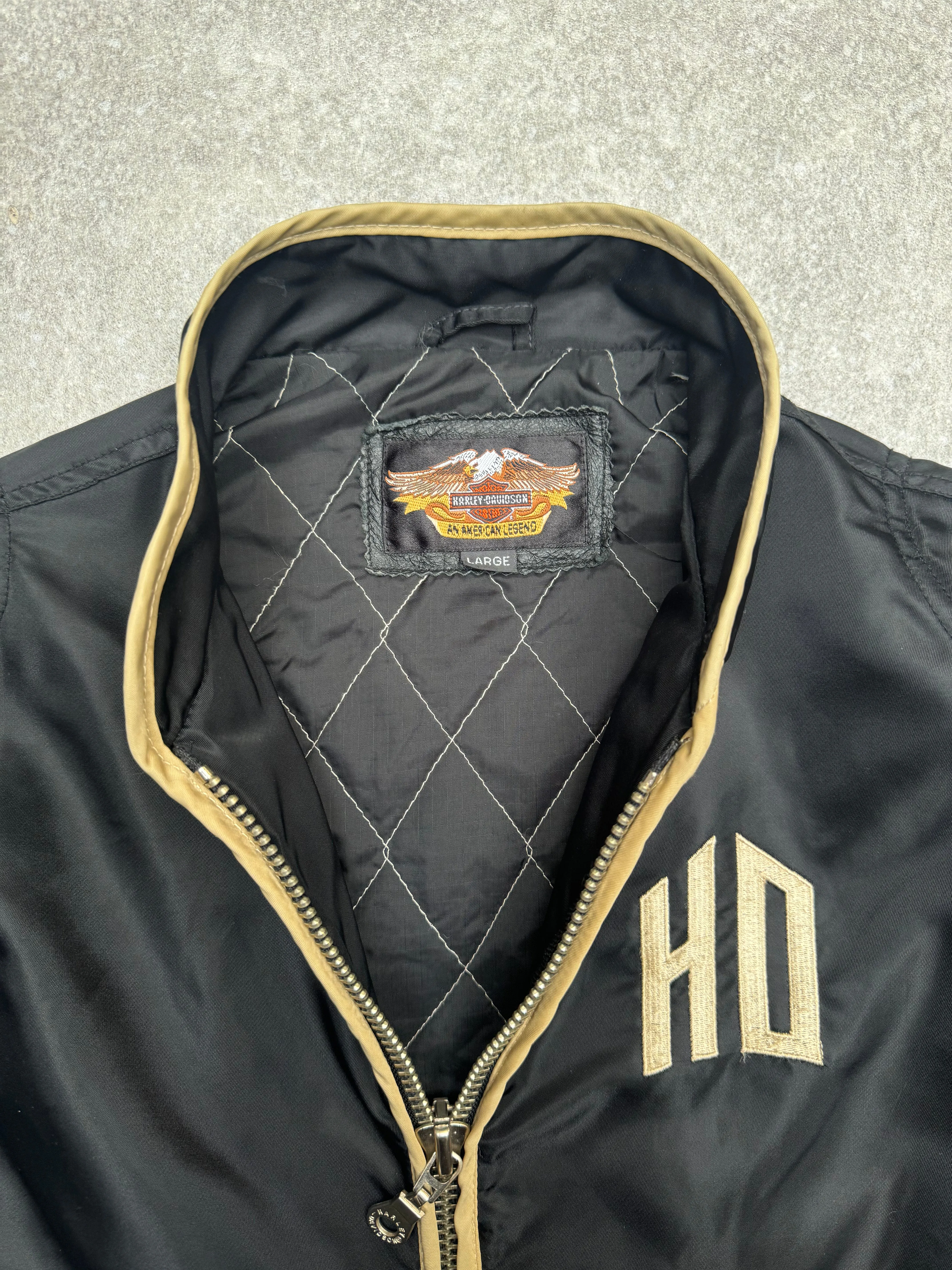 Harley Davidson Leather Trimmed Logo Embroidered Quilted Nylon Bomber Jacket