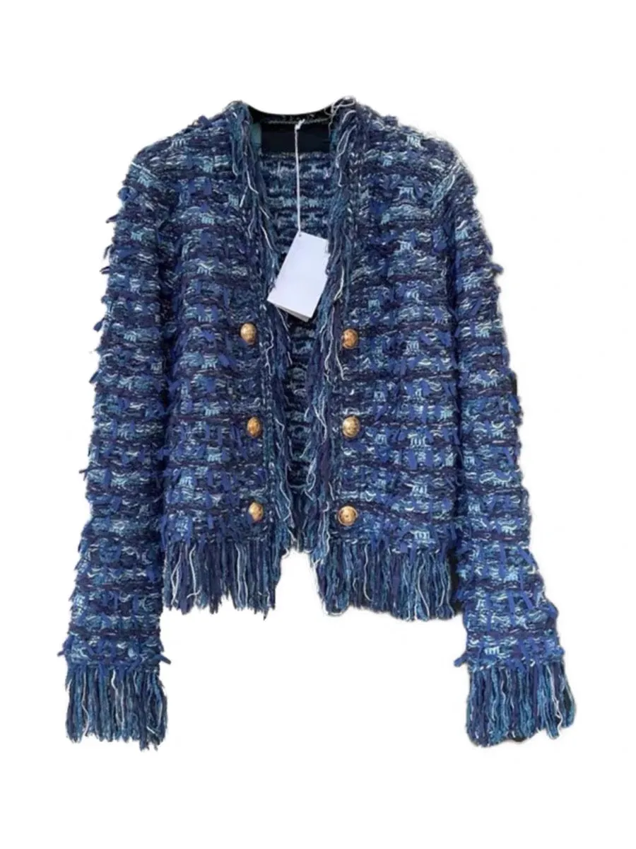 Heavy Industry Customized French Style Short Jacket Women's 2023 Autumn New Hand-Knitted Tassel Cardigan Top